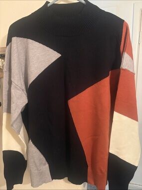 Colorblock Mock Neck Sweater - Black, Rust, Gray, Cream